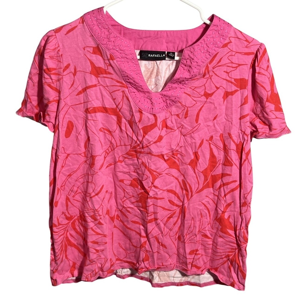 Rafaella Women's M Pink Red Tropical Leaf Print Cotton V-Neck Blouse‎ Top Puffed